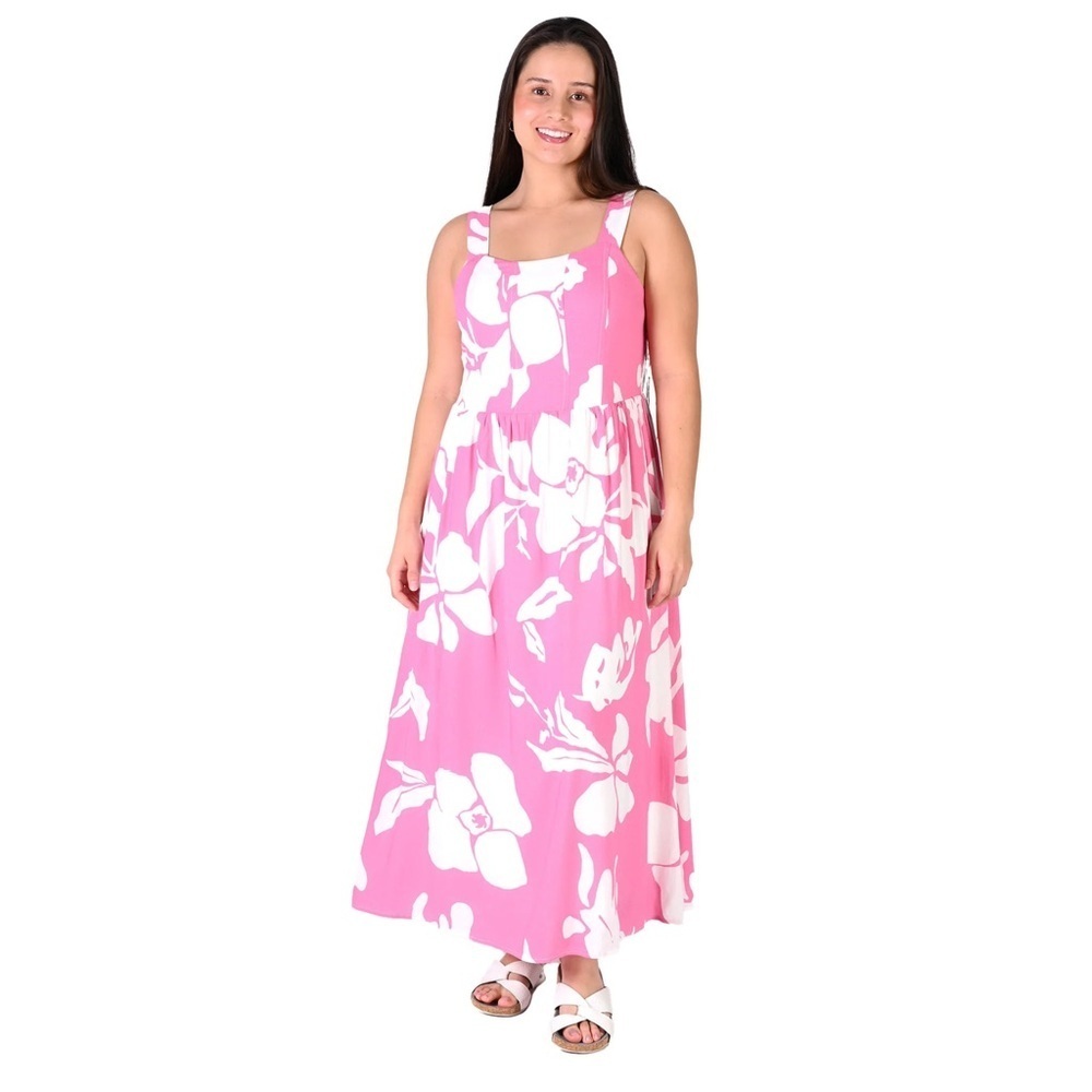 Linda Anderson XL pink tropical pattern sleeveless lined maxi dress